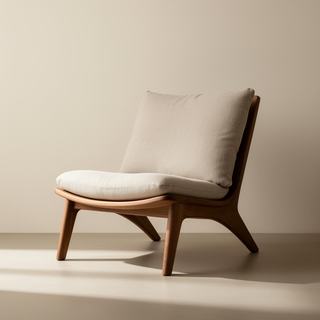 Handcrafted oak lounge chair with linen cushion